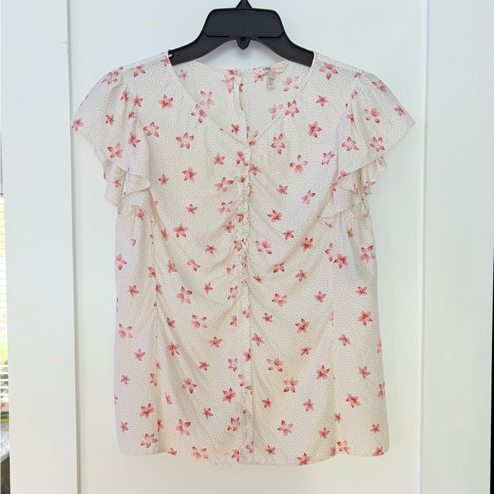 Rebecca Taylor Maui Fleur Dot Floral Silk Blend Ruffle Blouse Size 4 Romantic - Picture 5 of 10